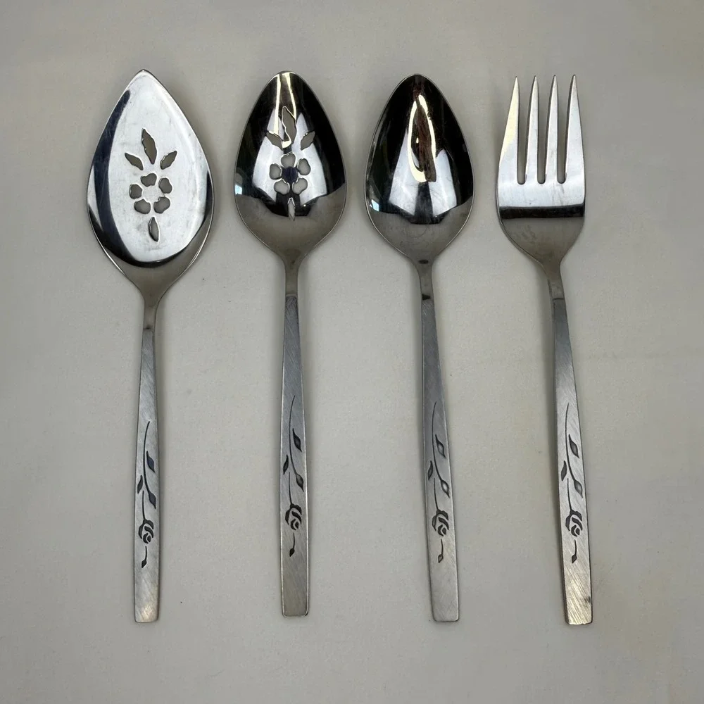 Oneidacraft Deluxe Stainless Lasting Rose Flatware Serving Set 4pc Rose Pattern